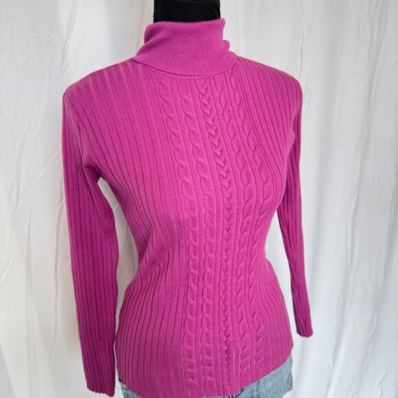 2000s Fuchsia Cableknit Turtleneck Sweater \ Y2K Sweater - Picture 3 of 6